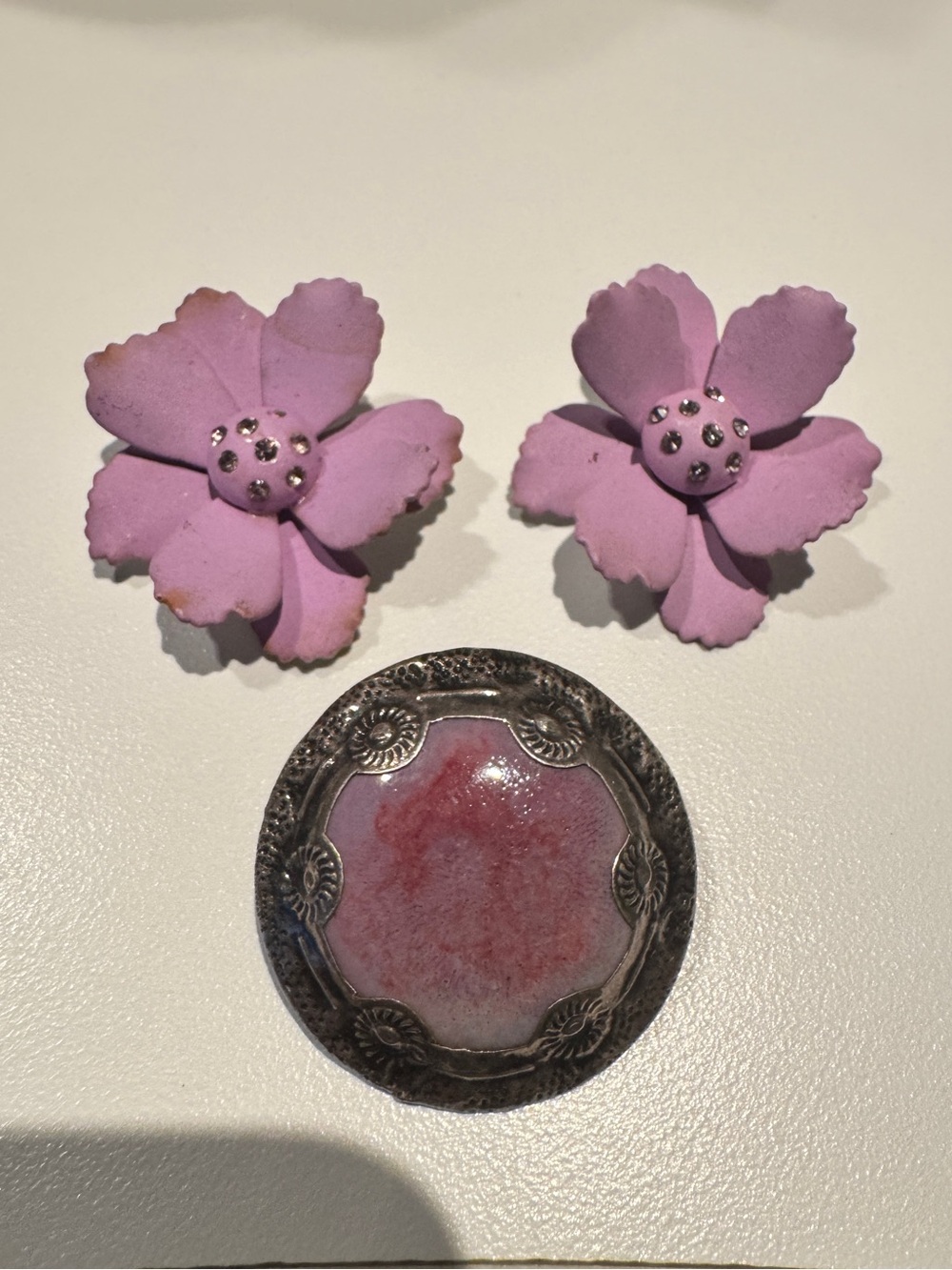 Vintage Pink Floral Clip-On Earrings and Enamel Brooch Set
